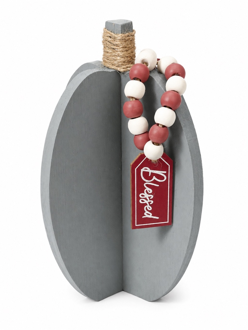 Wooden Grey Pumpkin Decor with Red & White Bead Tag